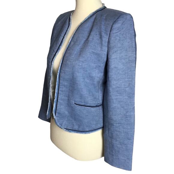 Sandro Chambray Open Front Raw Edge Blue Linen Cotton Blazer Coat Jacket Size 36 - Picture 8 of 11